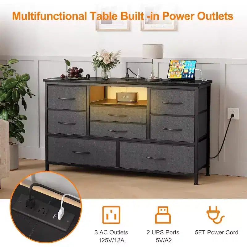 Meuble TV multifonctionnel de 120,4 cm avec 8 tiroirs, bande lumineuse intelligente RVB, deux prises de courant, adapté à de multiples scénarios