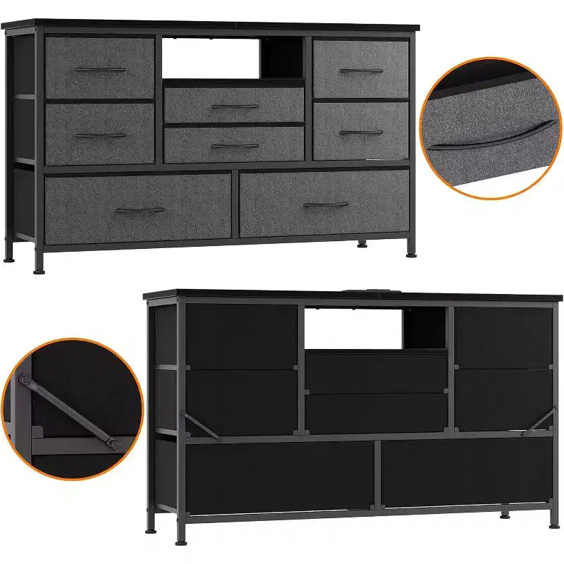 Meuble TV multifonctionnel de 120,4 cm avec 8 tiroirs, bande lumineuse intelligente RVB, deux prises de courant, adapté à de multiples scénarios