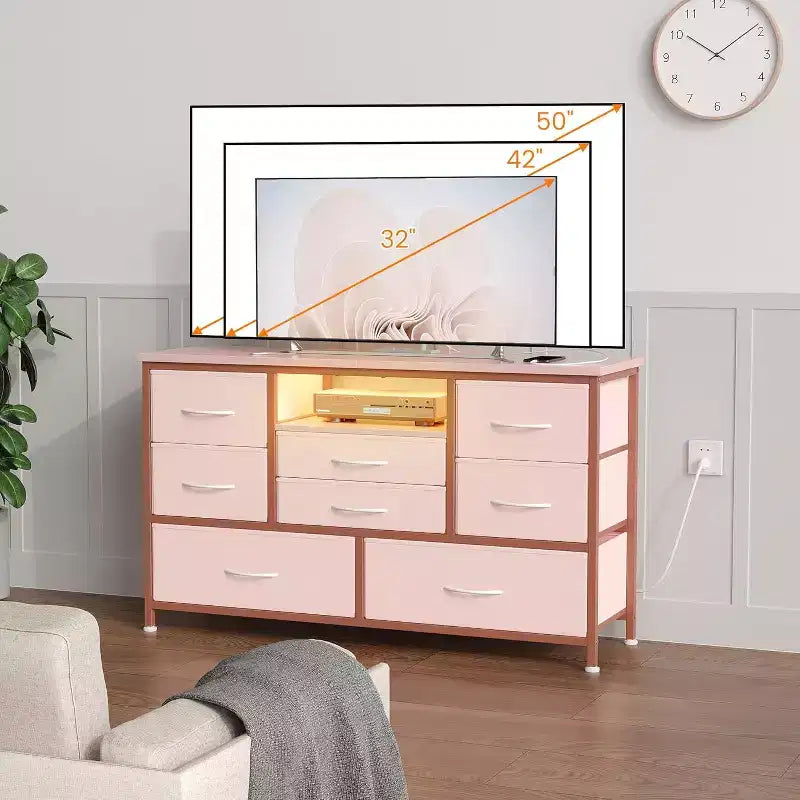 Meuble TV multifonctionnel de 120,4 cm avec 8 tiroirs, bande lumineuse intelligente RVB, deux prises de courant, adapté à de multiples scénarios