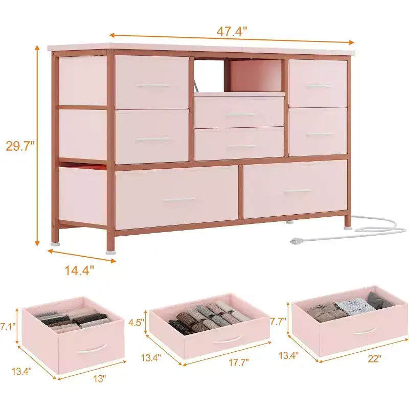 Meuble TV multifonctionnel de 120,4 cm avec 8 tiroirs, bande lumineuse intelligente RVB, deux prises de courant, adapté à de multiples scénarios