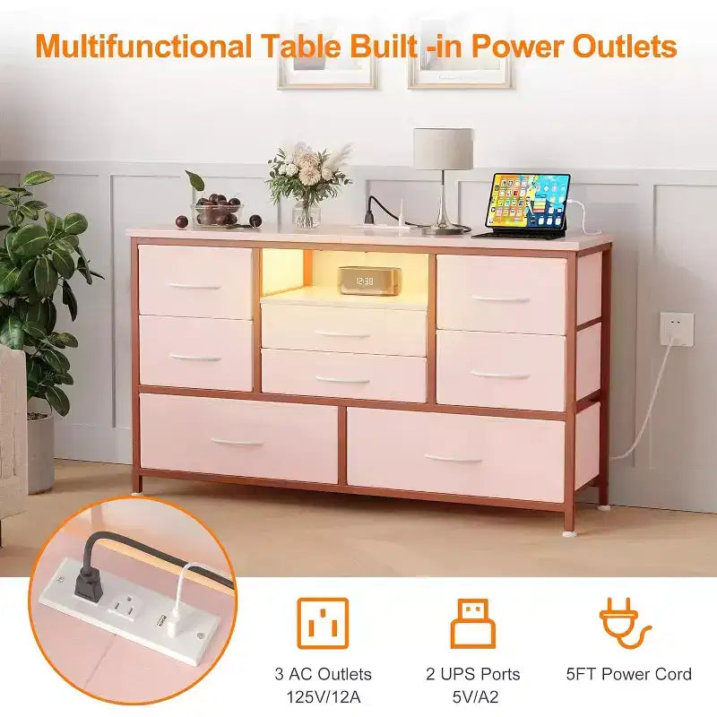 Meuble TV multifonctionnel de 120,4 cm avec 8 tiroirs, bande lumineuse intelligente RVB, deux prises de courant, adapté à de multiples scénarios