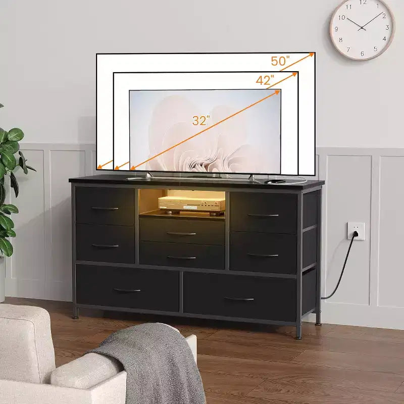 Meuble TV multifonctionnel de 120,4 cm avec 8 tiroirs, bande lumineuse intelligente RVB, deux prises de courant, adapté à de multiples scénarios