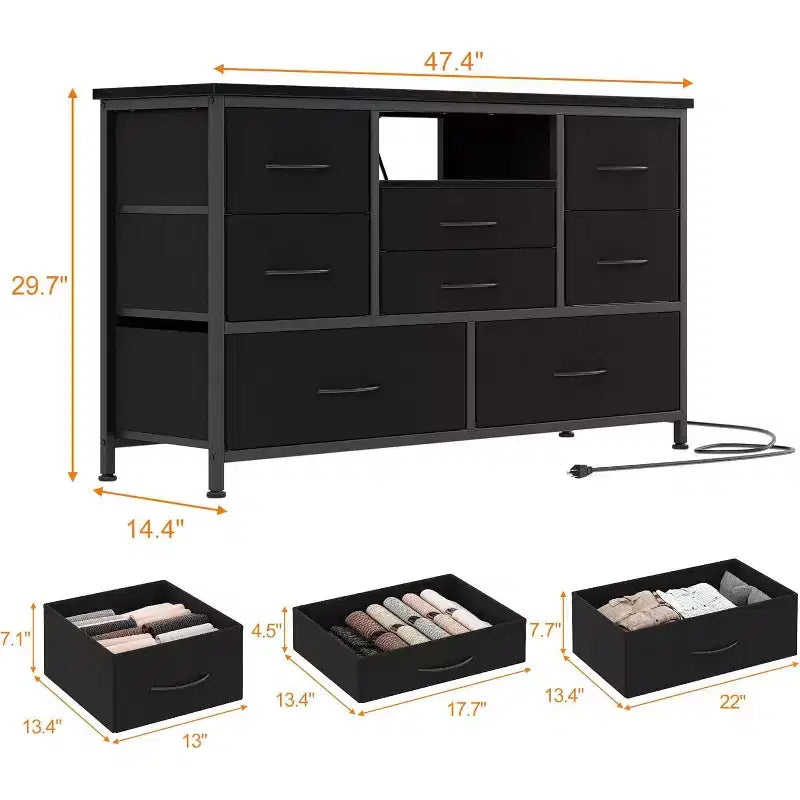 Meuble TV multifonctionnel de 120,4 cm avec 8 tiroirs, bande lumineuse intelligente RVB, deux prises de courant, adapté à de multiples scénarios