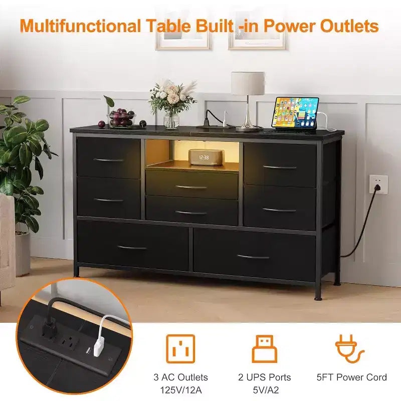 Meuble TV multifonctionnel de 120,4 cm avec 8 tiroirs, bande lumineuse intelligente RVB, deux prises de courant, adapté à de multiples scénarios