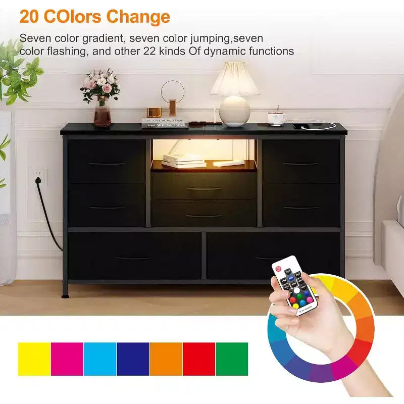 Meuble TV multifonctionnel de 120,4 cm avec 8 tiroirs, bande lumineuse intelligente RVB, deux prises de courant, adapté à de multiples scénarios