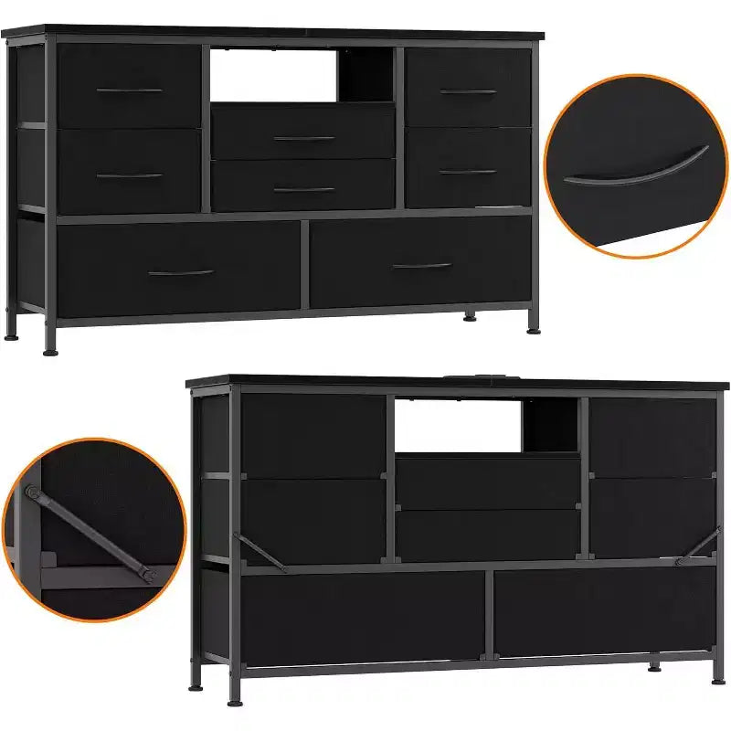 Meuble TV multifonctionnel de 120,4 cm avec 8 tiroirs, bande lumineuse intelligente RVB, deux prises de courant, adapté à de multiples scénarios