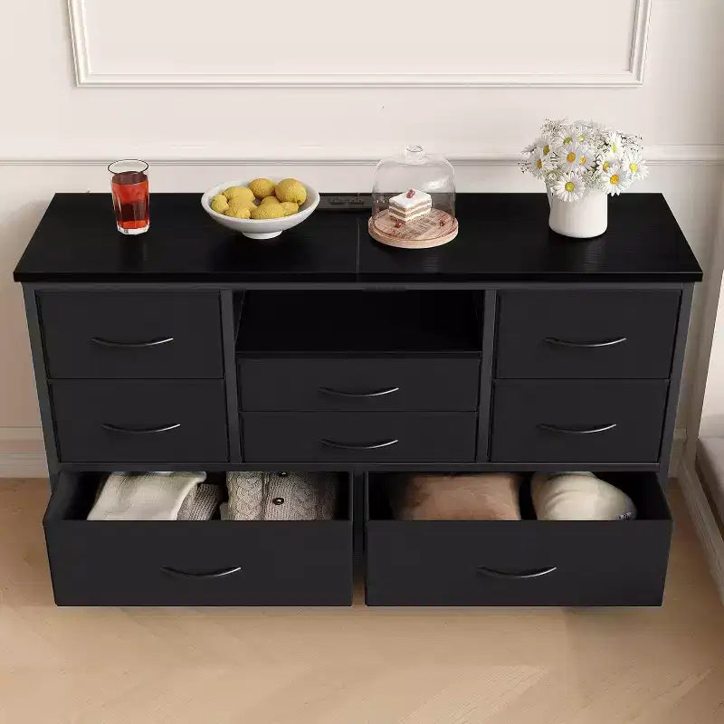 Meuble TV multifonctionnel de 120,4 cm avec 8 tiroirs, bande lumineuse intelligente RVB, deux prises de courant, adapté à de multiples scénarios