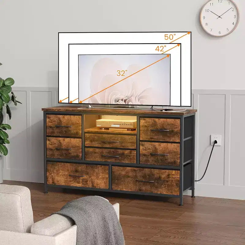 Meuble TV multifonctionnel de 120,4 cm avec 8 tiroirs, bande lumineuse intelligente RVB, deux prises de courant, adapté à de multiples scénarios