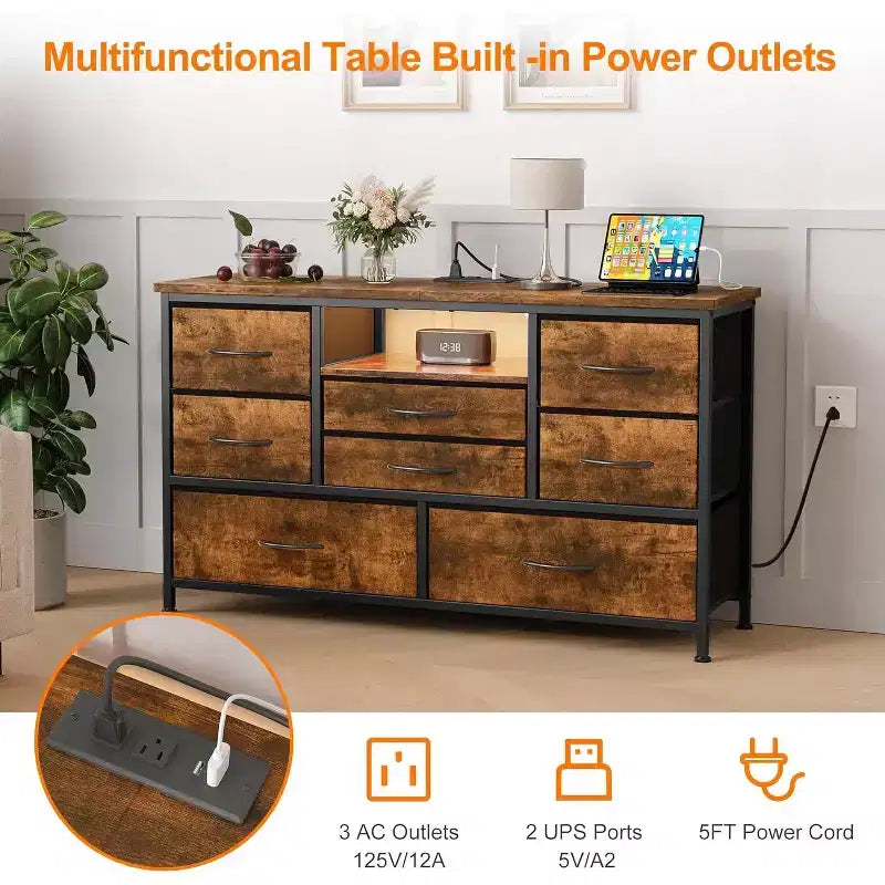 Meuble TV multifonctionnel de 120,4 cm avec 8 tiroirs, bande lumineuse intelligente RVB, deux prises de courant, adapté à de multiples scénarios
