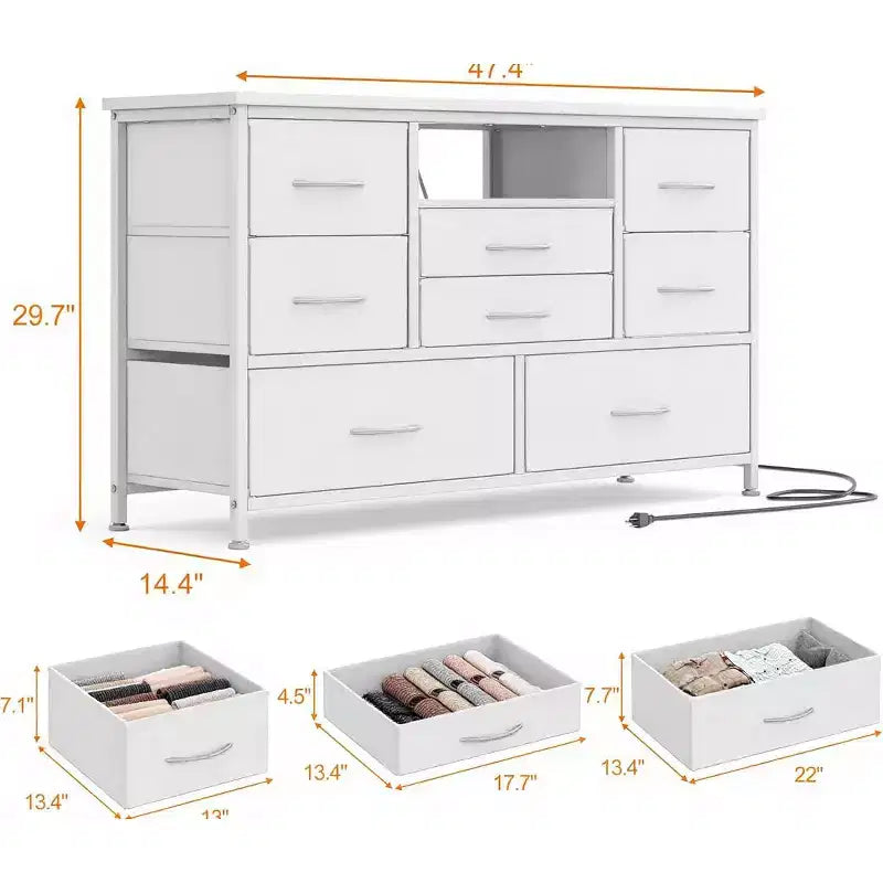 Meuble TV multifonctionnel de 120,4 cm avec 8 tiroirs, bande lumineuse intelligente RVB, deux prises de courant, adapté à de multiples scénarios