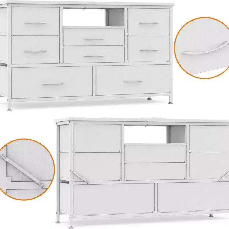 Meuble TV multifonctionnel de 120,4 cm avec 8 tiroirs, bande lumineuse intelligente RVB, deux prises de courant, adapté à de multiples scénarios