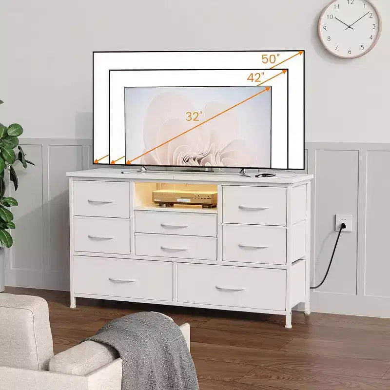 Meuble TV multifonctionnel de 120,4 cm avec 8 tiroirs, bande lumineuse intelligente RVB, deux prises de courant, adapté à de multiples scénarios