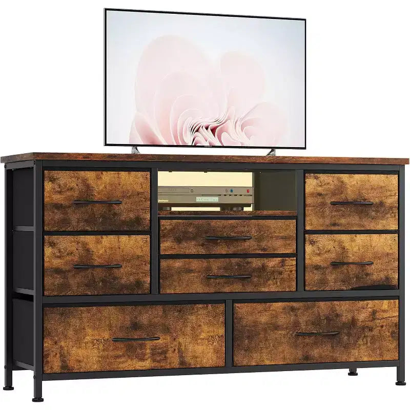 Meuble TV multifonctionnel de 120,4 cm avec 8 tiroirs, bande lumineuse intelligente RVB, deux prises de courant, adapté à de multiples scénarios