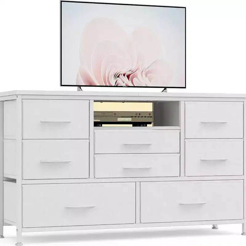 Meuble TV multifonctionnel de 120,4 cm avec 8 tiroirs, bande lumineuse intelligente RVB, deux prises de courant, adapté à de multiples scénarios