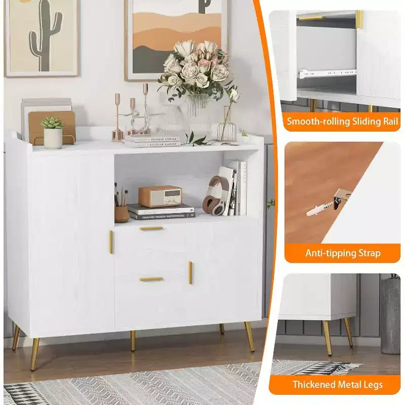 Armoire de rangement, buffet avec étagère, bar à café avec 2 tiroirs et 2 portes et rangement ouvert