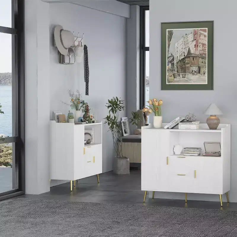Armoire de rangement, buffet avec étagère, bar à café avec 2 tiroirs et 2 portes et rangement ouvert