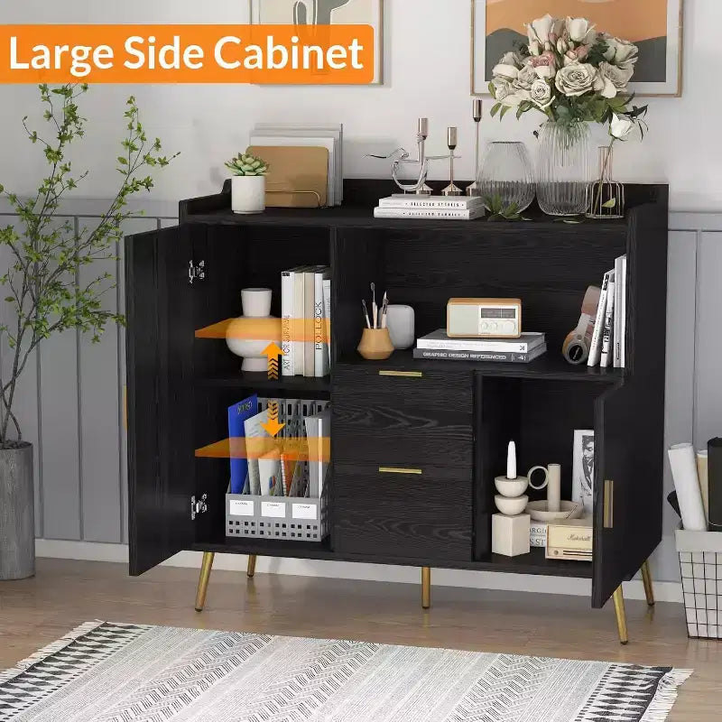 Armoire de rangement, buffet avec étagère, bar à café avec 2 tiroirs et 2 portes et rangement ouvert