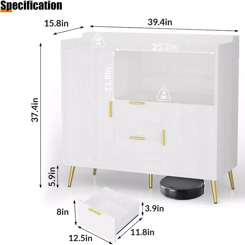 Armoire de rangement, buffet avec étagère, bar à café avec 2 tiroirs et 2 portes et rangement ouvert