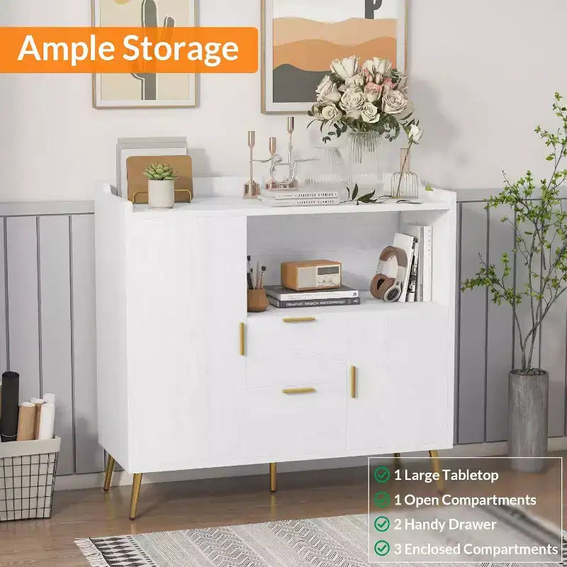 Armoire de rangement, buffet avec étagère, bar à café avec 2 tiroirs et 2 portes et rangement ouvert