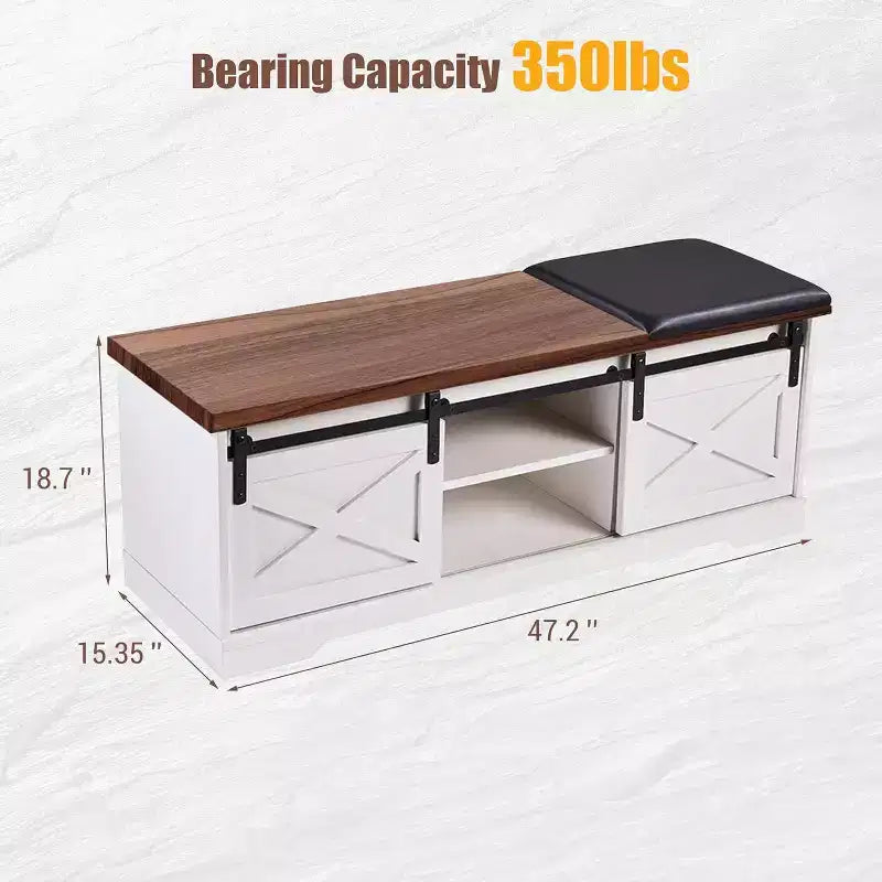 Banc à chaussures blanc de 120 cm avec portes coulissantes et coussin, banc de rangement d'entrée de style ferme avec compartiment caché et étagères réglables
