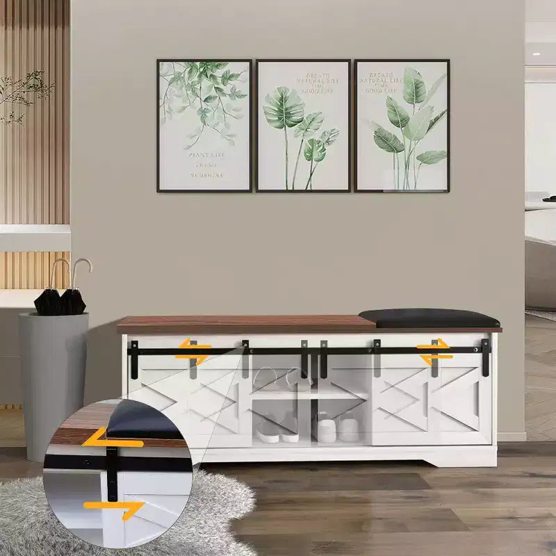 Banc à chaussures blanc de 120 cm avec portes coulissantes et coussin, banc de rangement d'entrée de style ferme avec compartiment caché et étagères réglables