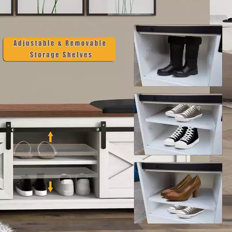 Banc à chaussures blanc de 120 cm avec portes coulissantes et coussin, banc de rangement d'entrée de style ferme avec compartiment caché et étagères réglables