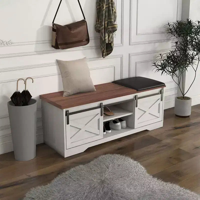 Banc à chaussures blanc de 120 cm avec portes coulissantes et coussin, banc de rangement d'entrée de style ferme avec compartiment caché et étagères réglables