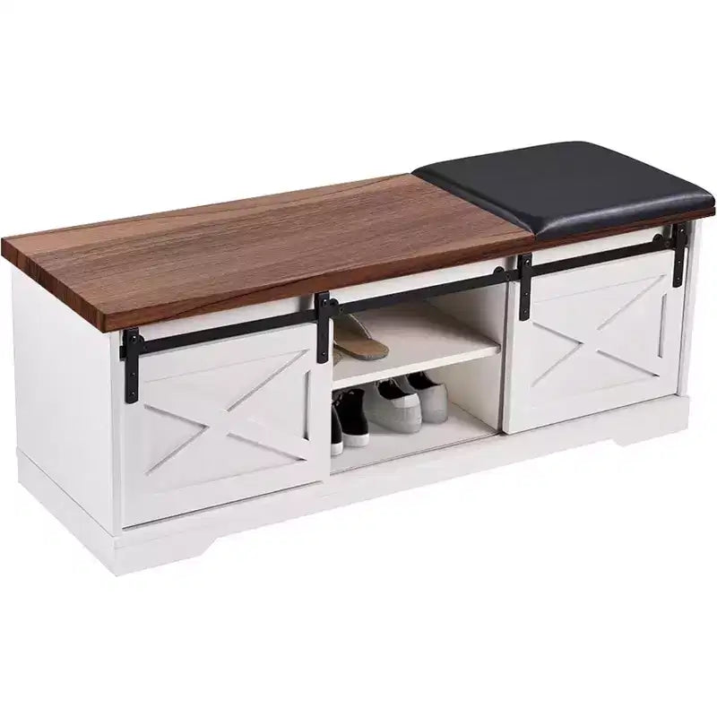 Banc à chaussures blanc de 120 cm avec portes coulissantes et coussin, banc de rangement d'entrée de style ferme avec compartiment caché et étagères réglables
