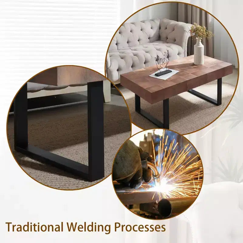 Table basse rustique avec pieds en métal, Table basse faite à la main de 120 cm pour salon, Table d'appoint avec plateau en bois pour la décoration intérieure, Marron/Noir
