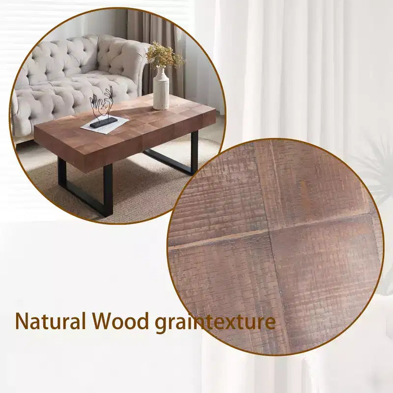 Table basse rustique avec pieds en métal, Table basse faite à la main de 120 cm pour salon, Table d'appoint avec plateau en bois pour la décoration intérieure, Marron/Noir