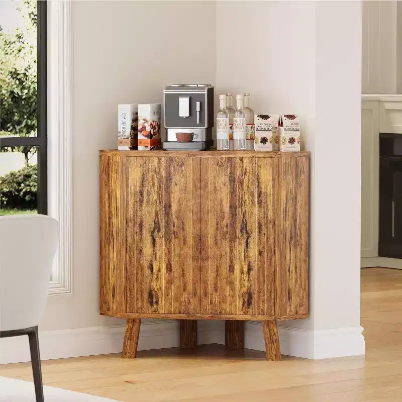 Meuble d'angle de ferme à 3 niveaux avec étagère réglable, table d'angle en bois avec portes et table d'appoint triangulaire pour salon et cuisine