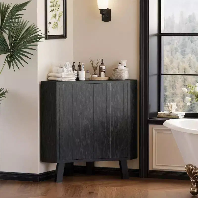Meuble d'angle de ferme à 3 niveaux avec étagère réglable, table d'angle en bois avec portes et table d'appoint triangulaire pour salon et cuisine