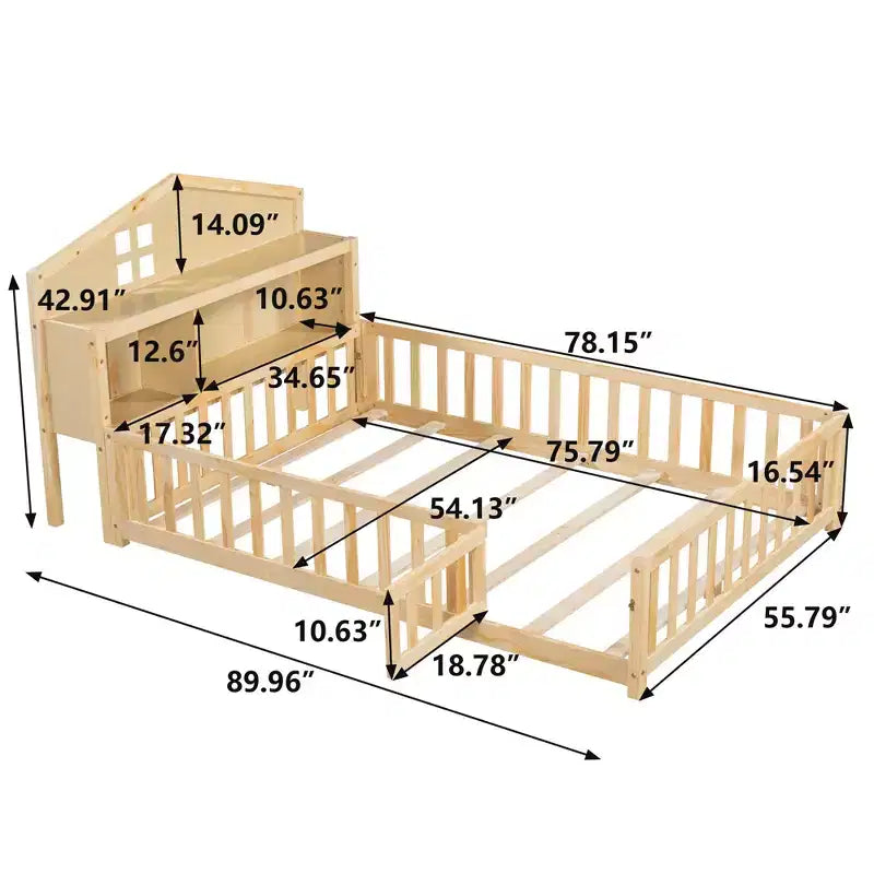 Lit Montessori complet au sol avec bibliothèque et tableau noir, plateforme de lit en bois massif avec barrières de sécurité et tête de lit de rangement pour enfants et adolescents