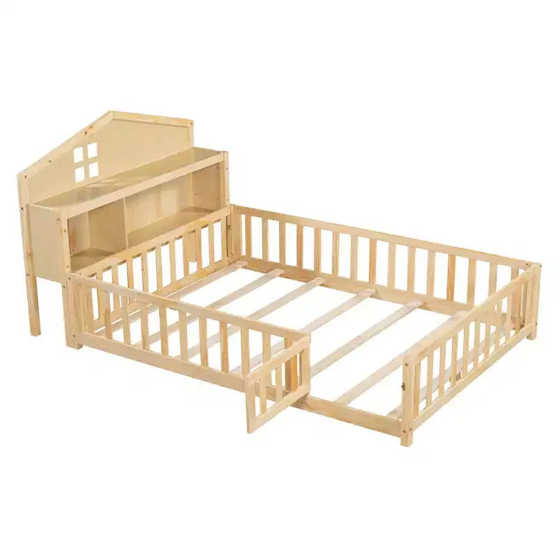 Lit Montessori complet au sol avec bibliothèque et tableau noir, plateforme de lit en bois massif avec barrières de sécurité et tête de lit de rangement pour enfants et adolescents