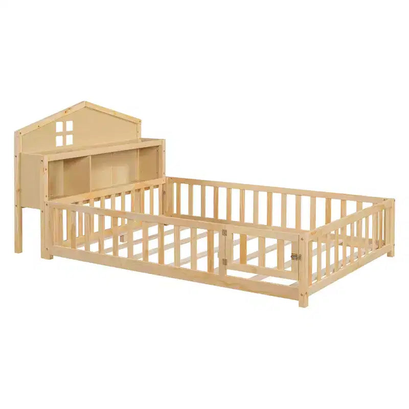 Lit Montessori complet au sol avec bibliothèque et tableau noir, plateforme de lit en bois massif avec barrières de sécurité et tête de lit de rangement pour enfants et adolescents