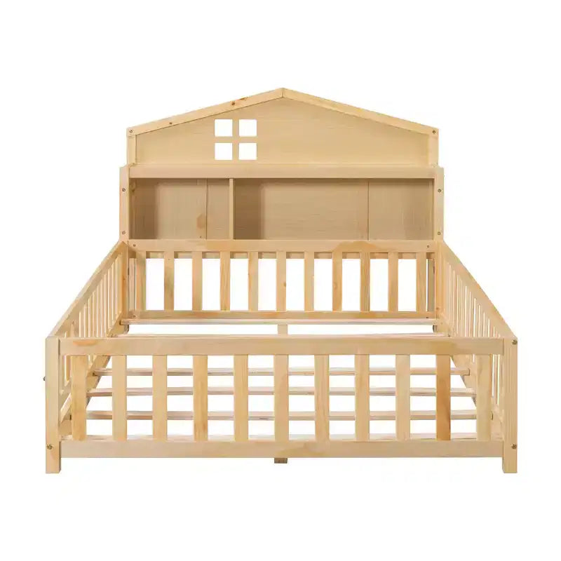 Lit Montessori complet au sol avec bibliothèque et tableau noir, plateforme de lit en bois massif avec barrières de sécurité et tête de lit de rangement pour enfants et adolescents