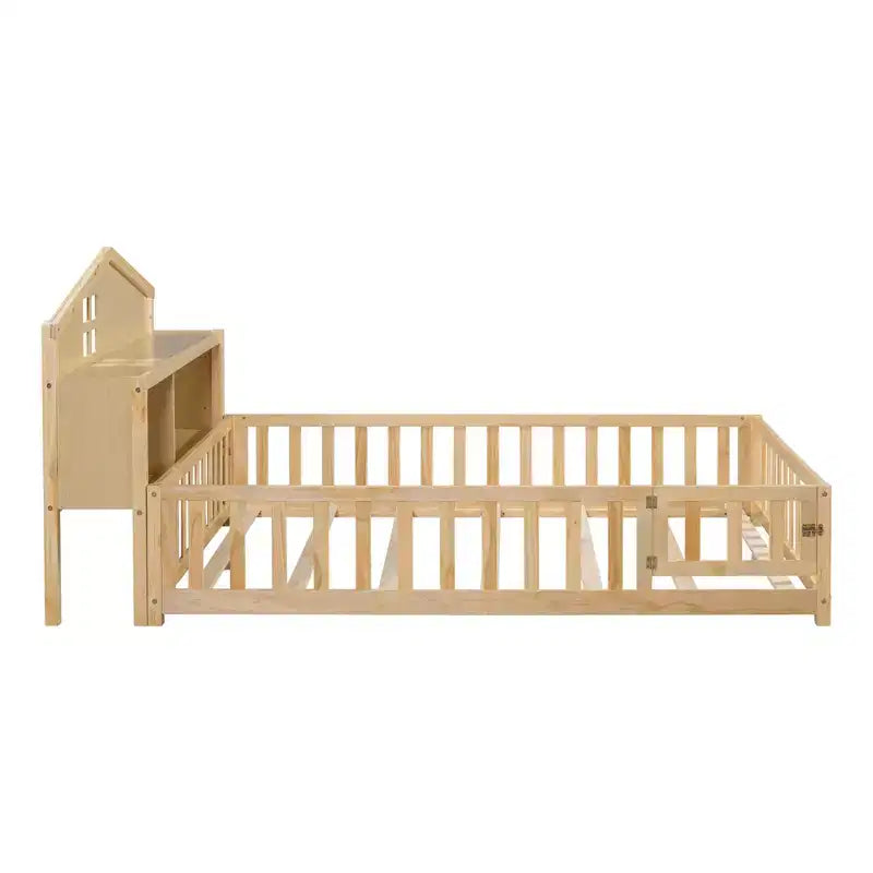 Lit Montessori complet au sol avec bibliothèque et tableau noir, plateforme de lit en bois massif avec barrières de sécurité et tête de lit de rangement pour enfants et adolescents