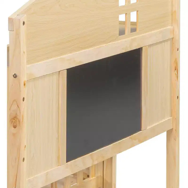 Lit Montessori complet au sol avec bibliothèque et tableau noir, plateforme de lit en bois massif avec barrières de sécurité et tête de lit de rangement pour enfants et adolescents