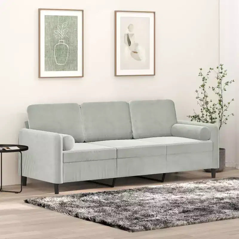 Canapé 3 places avec coussins décoratifs Velours gris clair 180 cm