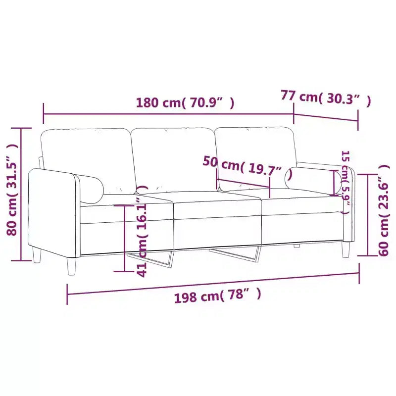 Canapé 3 places avec coussins décoratifs Velours gris clair 180 cm