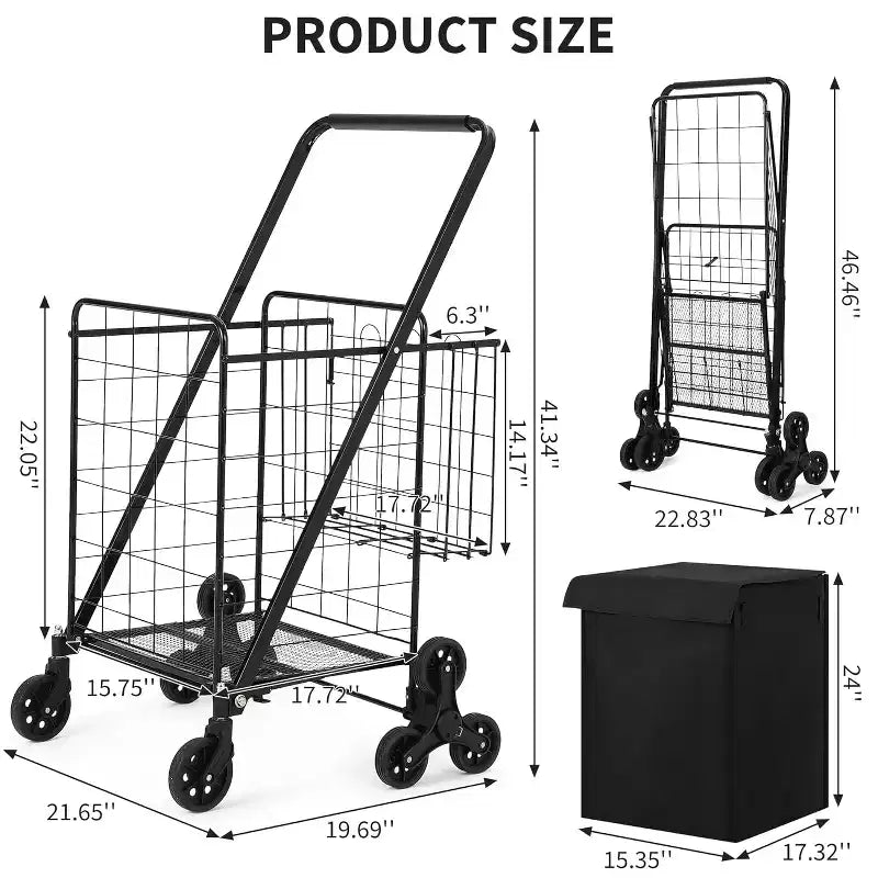 Chariot de courses escalier avec doublure imperméable, chariot utilitaire pliable avec roues arrière triples, roues pivotantes à 360 degrés, chariot d'épicerie pliable portable