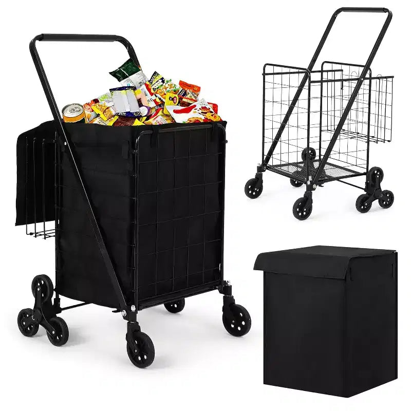 Chariot de courses escalier avec doublure imperméable, chariot utilitaire pliable avec roues arrière triples, roues pivotantes à 360 degrés, chariot d'épicerie pliable portable