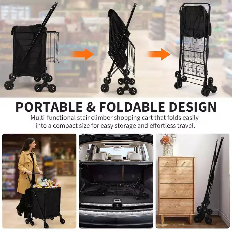Chariot de courses escalier avec doublure imperméable, chariot utilitaire pliable avec roues arrière triples, roues pivotantes à 360 degrés, chariot d'épicerie pliable portable