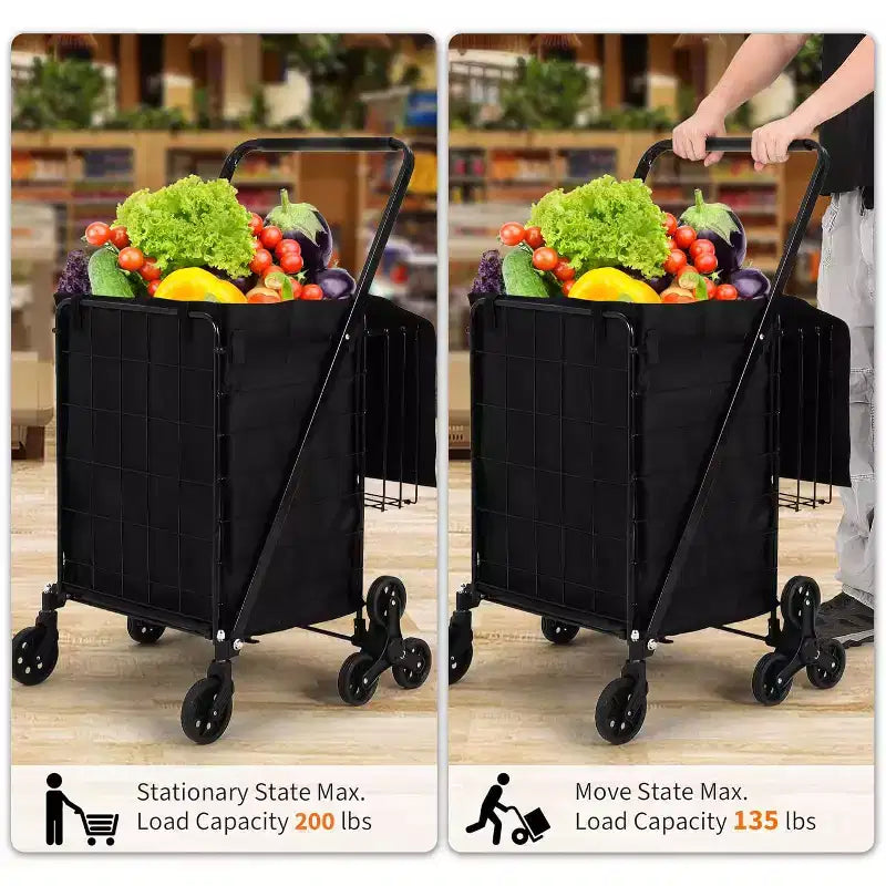 Chariot de courses escalier avec doublure imperméable, chariot utilitaire pliable avec roues arrière triples, roues pivotantes à 360 degrés, chariot d'épicerie pliable portable