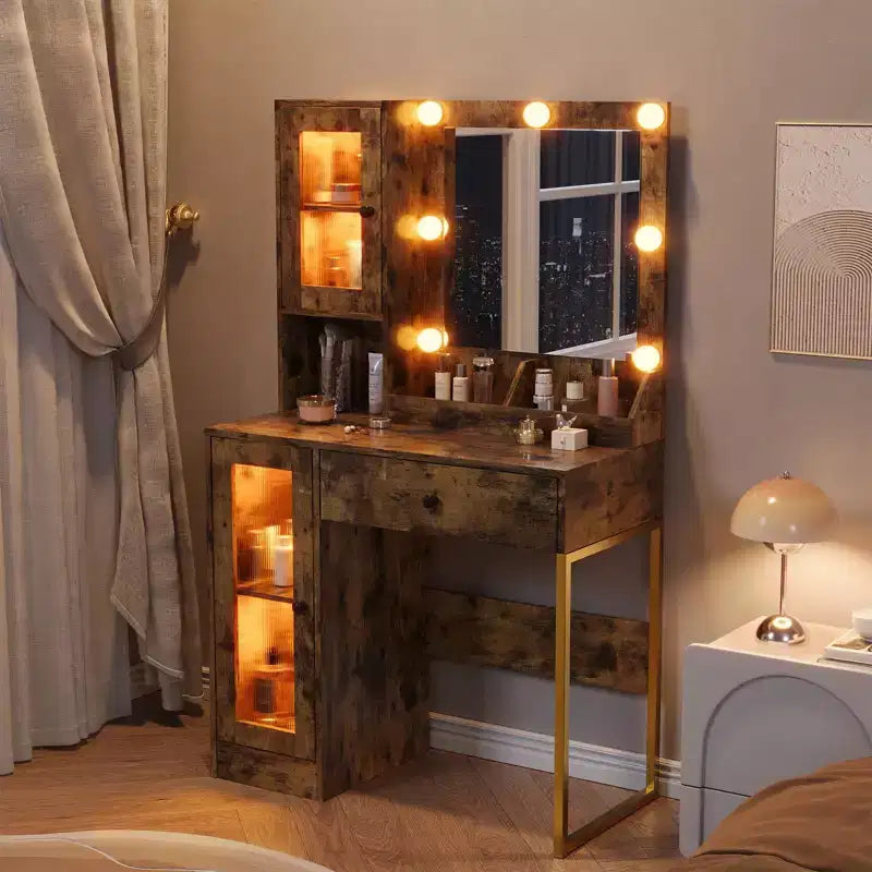 Coiffeuse avec Miroir et Lumières, Table de Maquillage avec Station de Charge, Coiffeuse en Bois pour Chambre à Coucher pour Filles