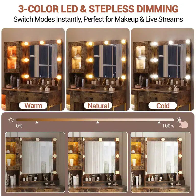 Coiffeuse avec Miroir et Lumières, Table de Maquillage avec Station de Charge, Coiffeuse en Bois pour Chambre à Coucher pour Filles