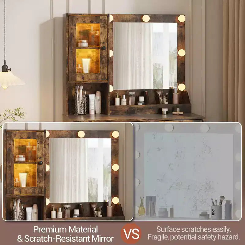 Coiffeuse avec Miroir et Lumières, Table de Maquillage avec Station de Charge, Coiffeuse en Bois pour Chambre à Coucher pour Filles