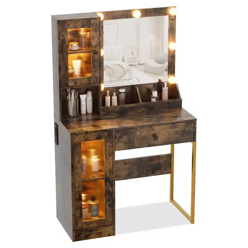Coiffeuse avec Miroir et Lumières, Table de Maquillage avec Station de Charge, Coiffeuse en Bois pour Chambre à Coucher pour Filles