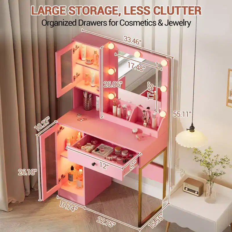 Coiffeuse avec Miroir et Lumières, Table de Maquillage avec Station de Charge, Coiffeuse en Bois pour Chambre à Coucher pour Filles