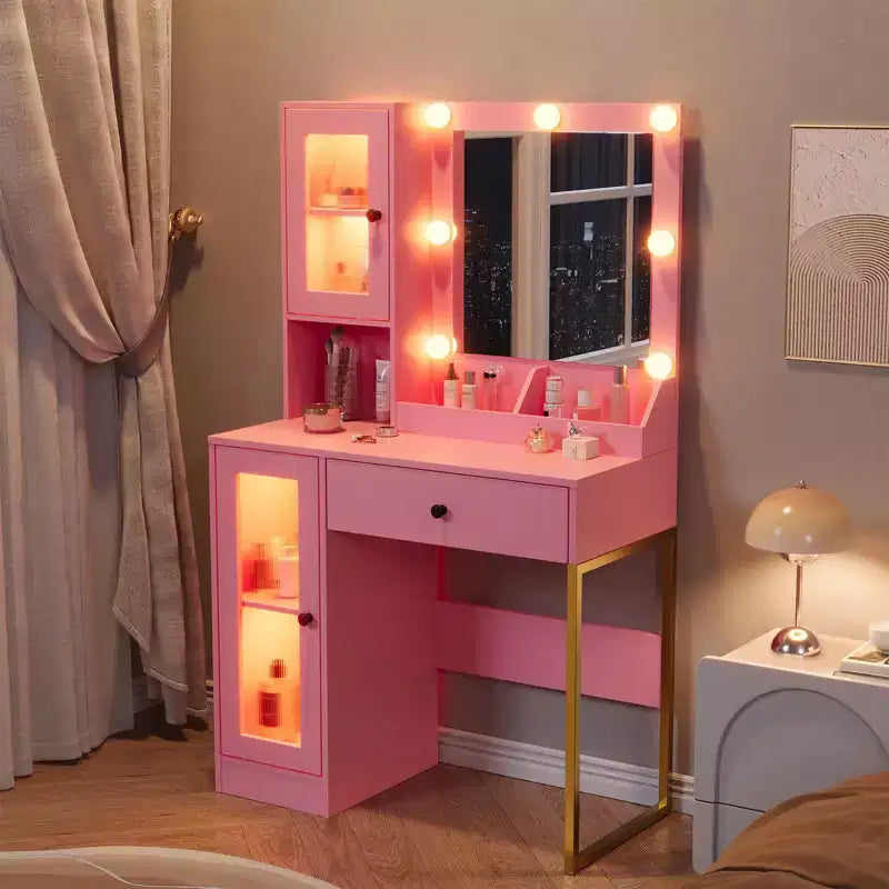 Coiffeuse avec Miroir et Lumières, Table de Maquillage avec Station de Charge, Coiffeuse en Bois pour Chambre à Coucher pour Filles